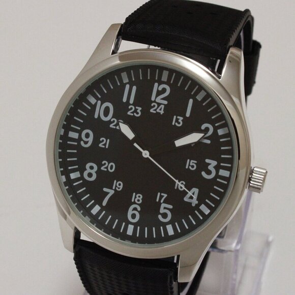 Men's Quartz Field Watch Silver Case Black Tropical Strap 42mm - Picture 7 of 12